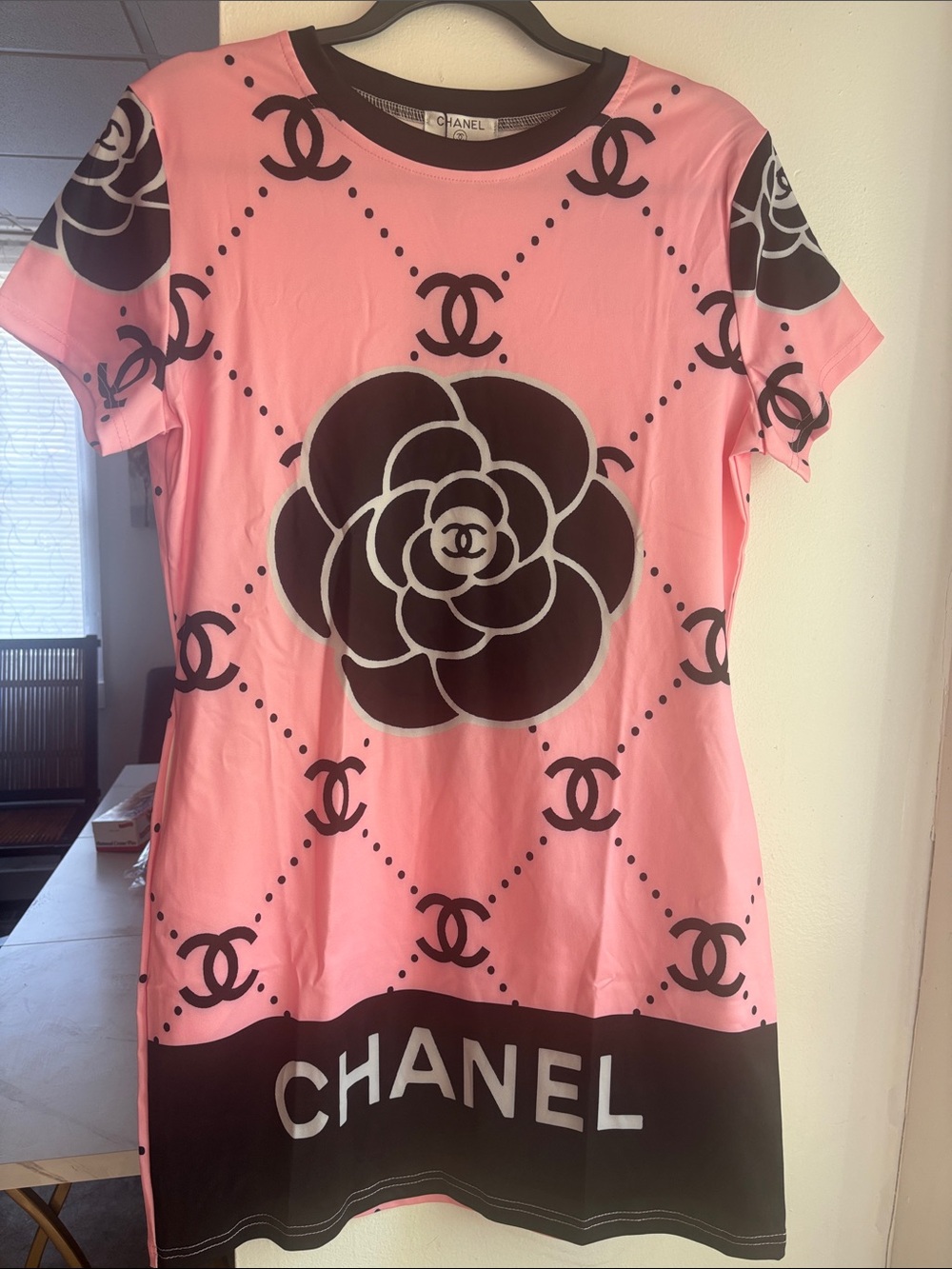 Pink & Black Camellia Logo Shift Dress